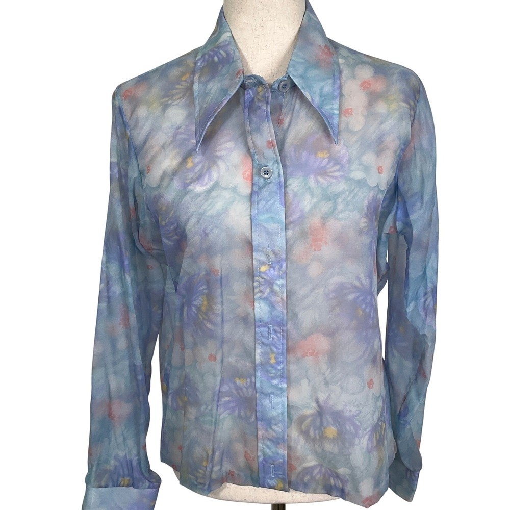 Shapely Blouse Women L 17/18 Blue Floral‎ Sheer 70s Pastel Dagger Watercolor VTG